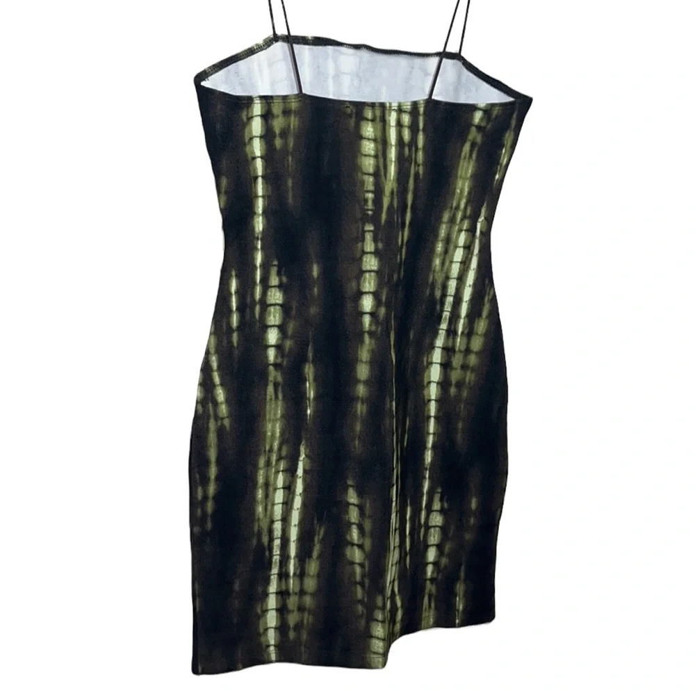 Forever 21 Black & Lime Abstract Bodycon Mini Dress Cord Spaghetti Straps - Picture 3 of 7